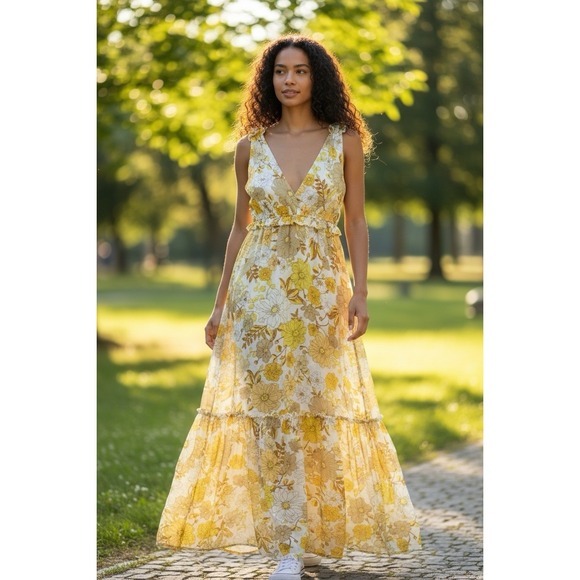 Charlotte Russe Dresses & Skirts - Charlotte Russe Maxi Women's Sundress Size M Yellow Floral Tiered Babydoll Lined